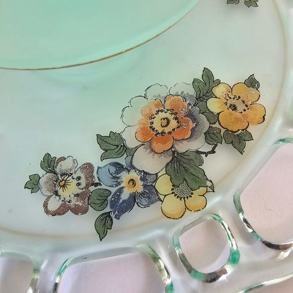 Lancaster Glass Footed Plate Green Satin Glass Open Lace Reverse Painted Floral - Picture 9 of 12